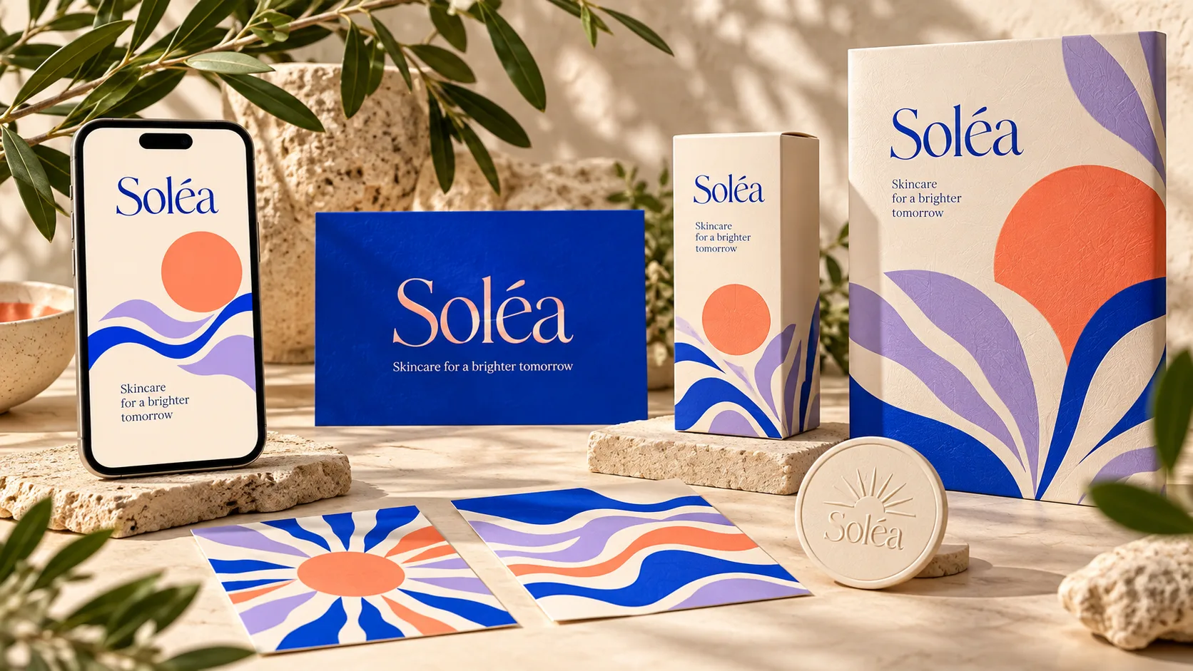 Illustrative brand system displayed across packaging, cards and digital screens