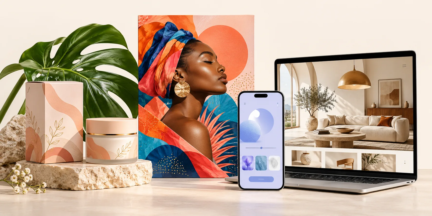 Creative brand packaging, vibrant campaign artwork, a mobile app and a website on a laptop