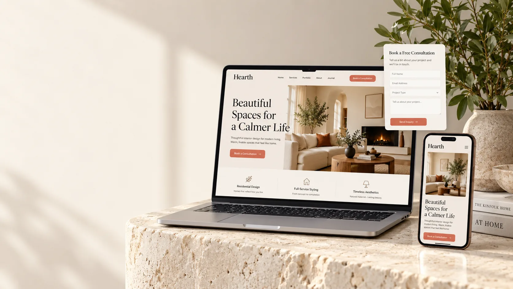Illustrative responsive website concept shown on a laptop and phone